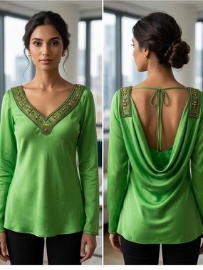 Embroidered Green Drape-Back Tunic Top  VINTAGE Boutique Collection.